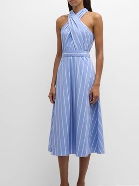 Veronica Beard-Baylee striped poplin midi dress in hydrangea and white.